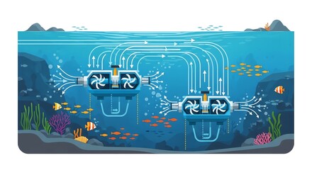 An illustration of two underwater data centers or energy generators with spinning turbines, connected by glowing cables, surrounded by diverse marine life and coral reefs.
