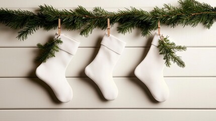 Minimalist Christmas Stockings Hung with Fir Branches on White Background