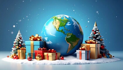 Global Celebration: Earth Globe and Presents for Christmas and New Year Concept in 3D Rendering. event