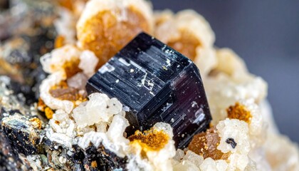 Close-up of black crystal surrounded by white and orange minerals in a natural geological formation.
