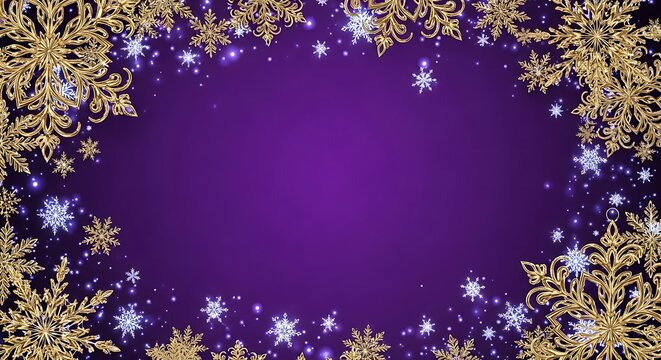 Elegant golden snowflakes frame on deep purple background with sparkles