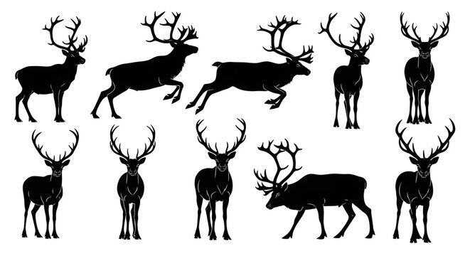 Silhouette collection of reindeer with large antlers isolated on white background set of different poses of deer, standing, walking, jumping, and lying down - Powered by Adobe