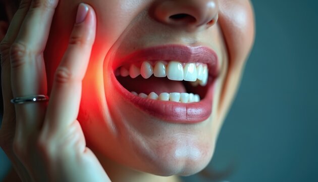 Woman feels sharp pain in her jaw and teeth. She touches her cheek expressing discomfort from dental issue. Red glow shows inflammation and ache. She seeks relief.