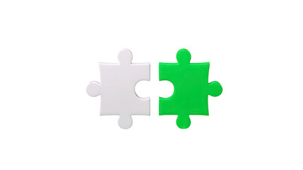 Fototapeta premium White puzzle piece and green puzzle piece connected together, symbolizing teamwork, unity, and problem solving, isolated on transparent background