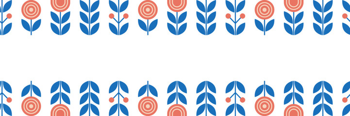 Fototapeta premium Seamless pattern of geometric flowers and leaves in folk style. Long horizontal banner with repeating pattern of Nordic flowers. Vector illustration