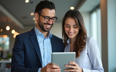 Business colleagues sharing a laugh over a tablet. Male executive and young female employee. High quality
