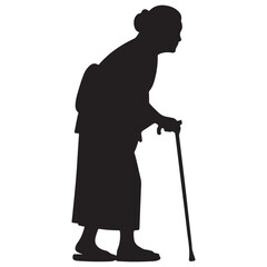 Profile Silhouette of an Elderly Woman with a Walking Stick and Traditional Clothing