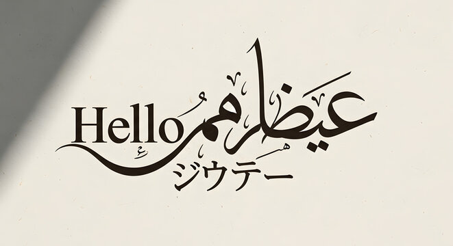 Elegant calligraphy design with 'Hello' in English, Arabic, and Japanese for a unique international greeting, perfect for global communication projects