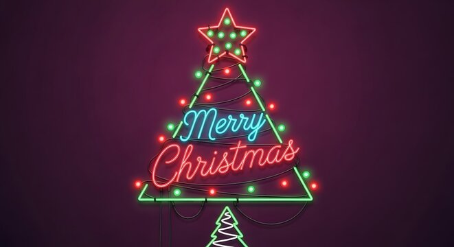 Illuminated merry christmas sign with christmas tree shape and star on top, festive decoration for winter holidays, dark purple background