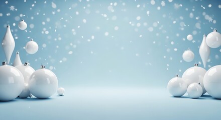 Soft blue winter background with falling snowflakes and white ornaments