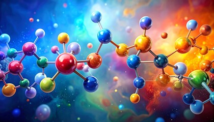 Vibrant molecular structures glowing against a cosmic nebula backdrop in a stylized chemistry visualization.