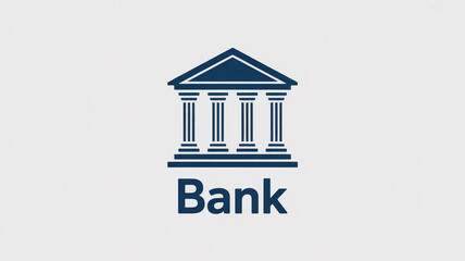 Premium minimalist vector icon of classical bank building, dark blue, triangular pediment, four columns, bold 'BANK' text, flat, clean lines, professional fintech illustration.