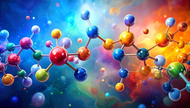 Vibrant molecular structures glowing against a cosmic nebula backdrop in a stylized chemistry visualization.