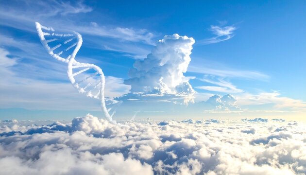 Floating DNA helix in a bright sky of clouds, blending nature and biotechnology.