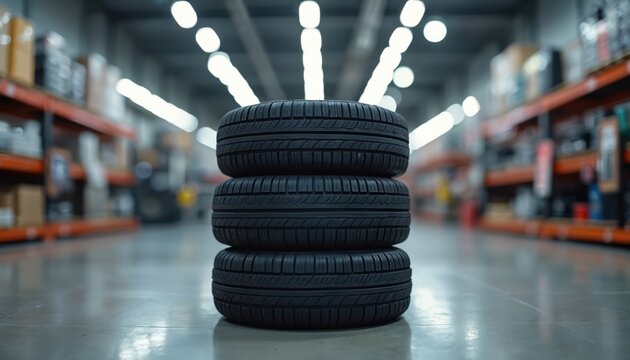 Stack of new car tires on warehouse floor. Automotive store with blurry background shelves. Black rubber wheels for automobile service sale in mechanic garage. Industrial storage for transport