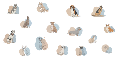 Various dog breeds illustrated in a playful and colorful style showcasing their unique features and personalities