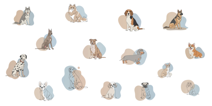 Various dog breeds illustrated in a playful and colorful style showcasing their unique features and personalities