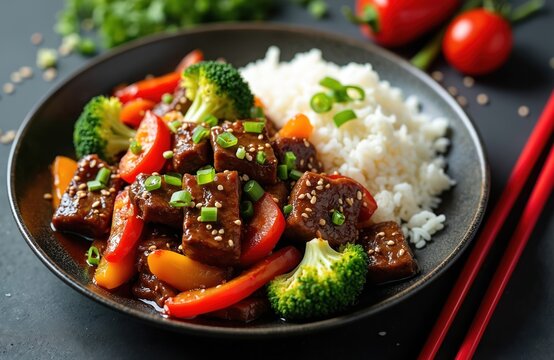 Asian teriyaki beef stir fry with broccoli, bell peppers, and rice on a plate. Teriyaki beef and vegetable stir-fry with sesame seeds and green onions. Chopsticks on the side, dark background.