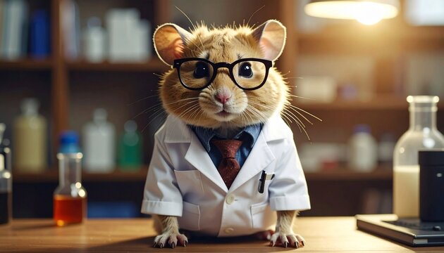 Whimsical cat scientist in lab coat surrounded by scientific gear in a playful research setting. - Powered by Adobe