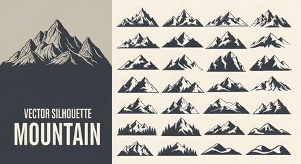 Collection of mountain silhouette vector illustrations, perfect for outdoor adventure and naturethemed designs, offering a variety of shapes and styles