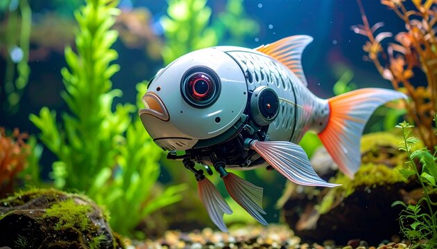 Robotic fish with metallic body and exposed gears swimming in clear water among aquatic plants.
