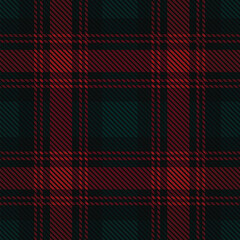 Red and dark green tartan plaid pattern. Traditional checkered textile background. Classic scottish fabric. Festive winter holiday decor. Geometric abstract design for greeting cards, banners, borders