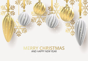 Christmas background with Christmas tree toys of white and gold, a spiral balls and snowflakes on white horizontal background, with the inscription Christmas. Vector illustration.