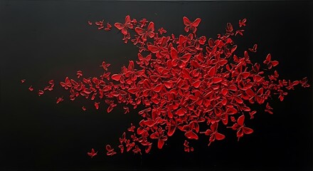 A captivating swarm of red butterflies takes flight against a stark black backdrop, their delicate wings creating a mesmerizing dance of color and movement, evoking a sense of transformation