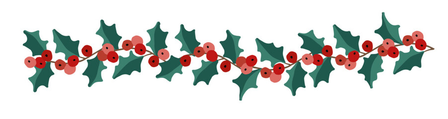 Festive holly border illustration. Green leaves, red berries isolated on background. Christmas botanical garland, flat vector style. Decorative floral element for holiday cards, invitation, banner.