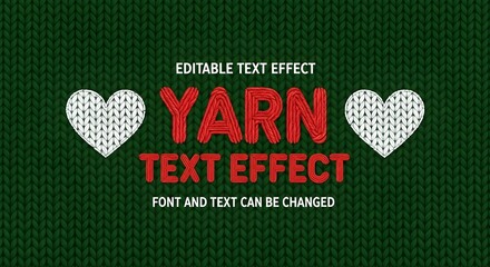 Yarn text effect with editable font and text on green knitted background, featuring white hearts, perfect for winter crafts and cozy designs
