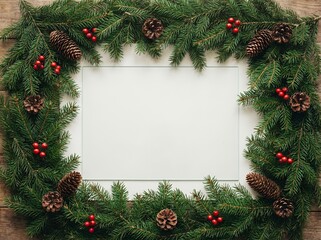 Christmas frame with fir branches, pine cones, and red berries around blank white card
