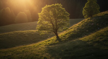 Tree on a Grassy Hill in the Sunlight