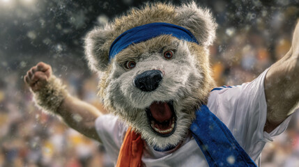 Furry mascot stadium crowd goal celebration joyful cheer sports fan energy surges wildly