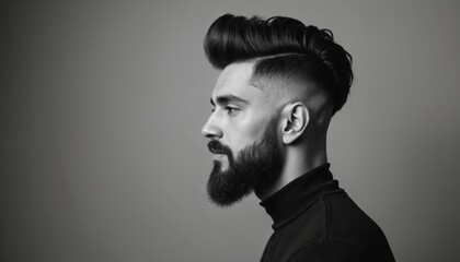Man with styled hair and beard poses in profile. Black and white studio shot shows male grooming and fashion. Professional haircut, fade, and beard trim. Trendy male hairstyle and look.