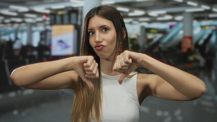 Woman with long brown hair wearing white tank top showing thumbs down gesture in busy airport terminal; rejection.