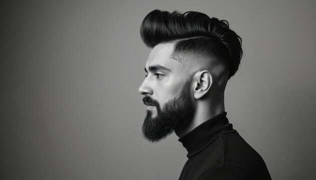 Man with styled hair and beard poses in profile. Black and white studio shot shows male grooming and fashion. Professional haircut, fade, and beard trim. Trendy male hairstyle and look.