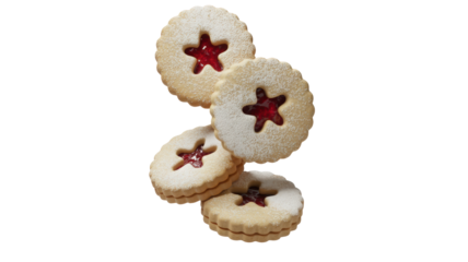 Four delicious star cut out sandwich cookies with red jam filling stacked and isolated on transparent background