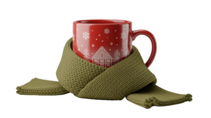 Cozy red ceramic mug with white polka dots and a festive house design wrapped in a textured olive green knitted scarf isolated on transparent background