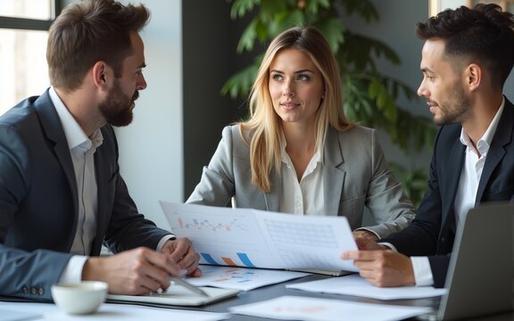 Businesswoman reviewing report on her laptop while discussing business growth with coworkers in meeting. High quality