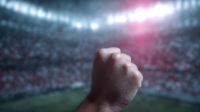 Victory fist stadium crowd night celebration energy in sports arena with bright lights