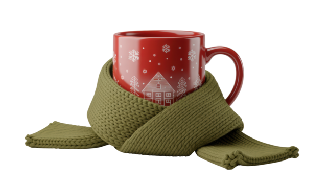 Cozy red ceramic mug with white polka dots and a festive house design wrapped in a textured olive green knitted scarf isolated on transparent background