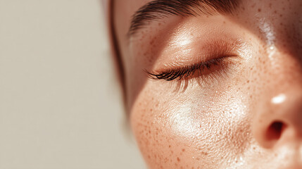 Soft golden lighting illuminating moisturized forehead, closed eye, and natural freckles, highlighting smooth skin texture and healthy glow, creating serene and fresh feeling