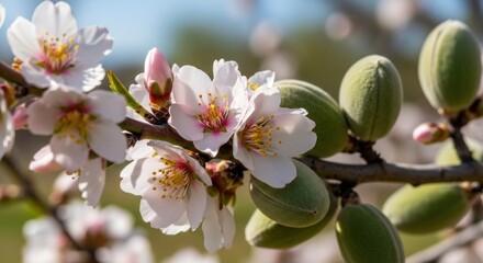 Obraz premium Almond blossoms with green almonds on a blurred background.