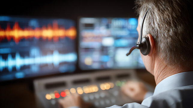 A professional using advanced technology and equipment in a modern control room setting, focusing on audio and visual monitoring.