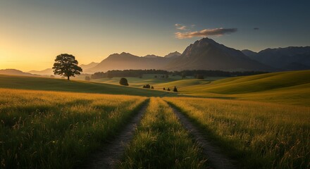 Scenic Landscape of a Grassy Field with a Dirt Path and Mountains at Sunset