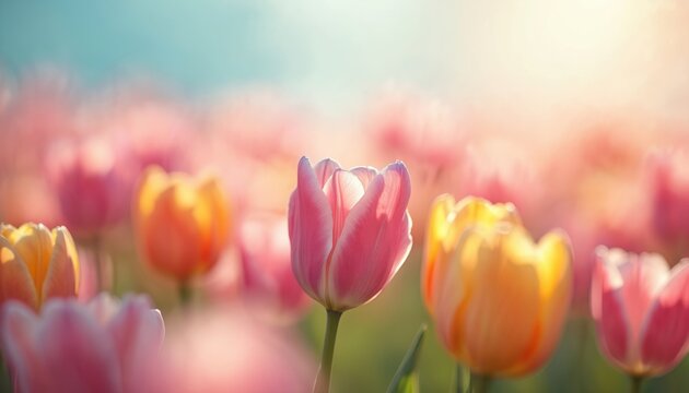 Close up of pink and yellow tulips blooming in a field under soft sunlight. Beautiful spring flowers create a romantic natural backdrop for any project.