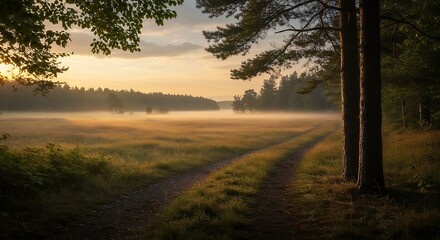 Morning Landscape with Fog and Trees