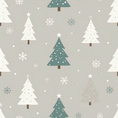 Obraz premium Motif sans couture minimaliste avec sapins stylisés et cristaux de neige, isolés sur fond beige. Generated Image. 