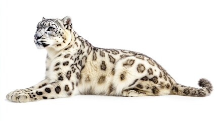 Obraz premium Snow leopard resting, white background, wildlife photography, nature image, for conservation projects