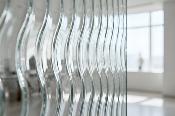 Wavy clear glass partition creating a unique modern architectural abstract background with blurred light.
